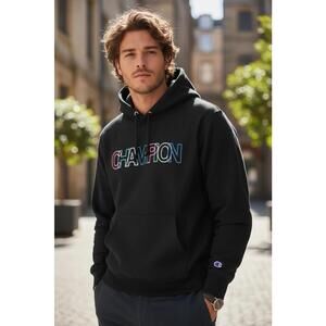 Champion Reverse Weave Hoodie Black Embroidered Multicolor Logo Men’s M